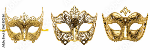 Set of luxurious ornate golden masquerade mask with intricate filigree details and sparkling accents isolated on a transparent background, elegant party venetian PNG.