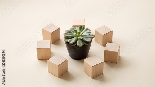 A small succulent plant in a dark brown pot surrounded by 8 light wooden cubes on a beige background