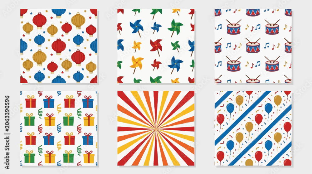 Obraz premium A collection of six colorful, repeating patterns, including dots, pinwheels, drums, gift boxes, sunbursts, and balloons