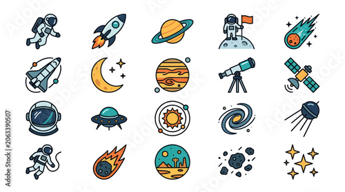 Foto Space Exploration Icons: Astronauts, Planets, Rockets, UFO, Stars, Telescope