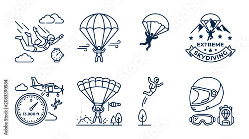 Fotografie Skydiving Icons Set: Extreme Sports, Parachuting, Adventure, Freefall, Aviation