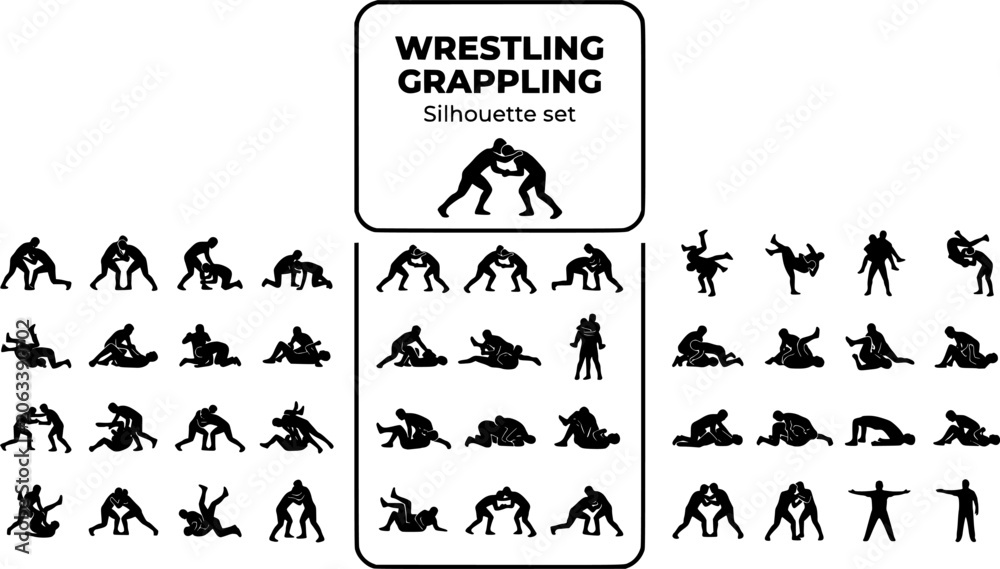 Fototapeta premium Wrestling Grappling Silhouette Set Black White Sport Bundle Vector Illustration Isolated White Background