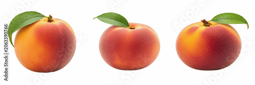 Set of single ripe juicy red peach fruit with fresh green leaf showing rich texture isolated on a transparent background, healthy organic snack dessert food PNG.