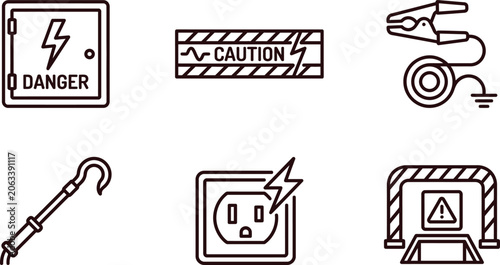Bild auf Leinwand Vector set of electrical safety line icons depicting danger warnings power outle