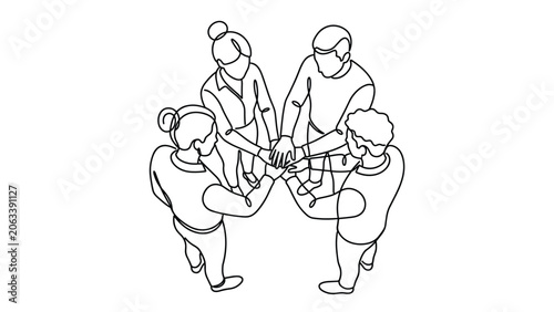 Photos Continuous line drawing of diverse team members joining hands together for teamwork and collaboration