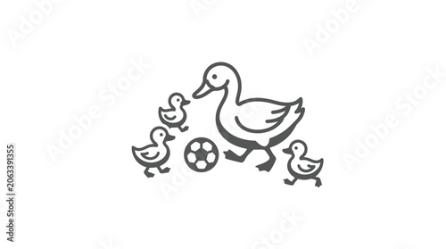 Photography Mother duck and ducklings walking together.