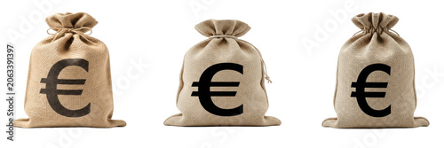 Set of rustic burlap money bag sack printed with a black Euro currency symbol sign, representing financial savings, banking loan, and wealth concept background.