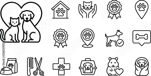 Fotografi Collection of pet care and animal welfare thin line vector icons.