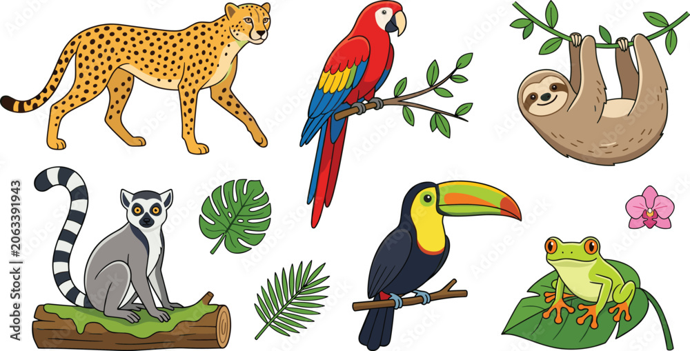 Obraz premium Tropical Rainforest Animal Vector Collection Featuring Cartoon Cheetah, Scarlet Macaw, Hanging Sloth, Ring-Tailed Lemur, Toucan, Tree Frog, and Jungle Leaves