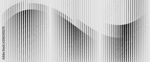 Abstract audio soundwave background with black vertical lines forming sine wave. Minimalist vector op art texture with dynamic signal distortion effect for techno music banner.