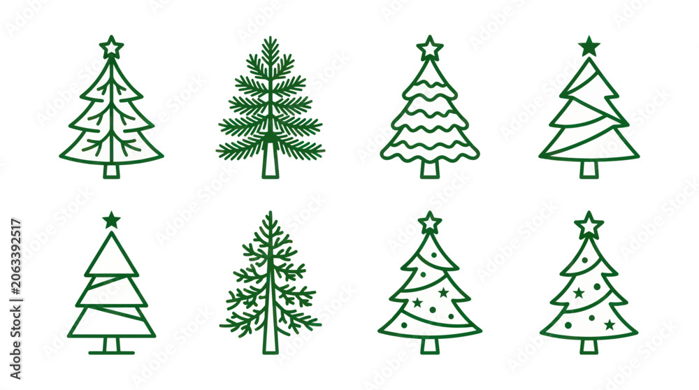 Obraz premium Collection of stylized green Christmas tree icons on white background