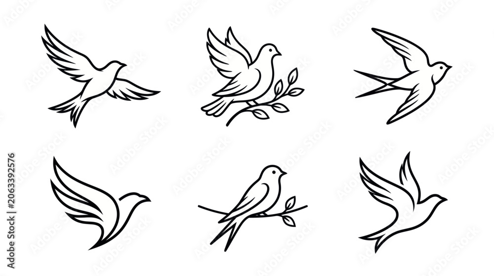 Obraz premium Set of Six Dove and Swallow Bird Line Art Icons - Vector Illustrations