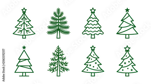 Schilderij op canvas Collection of stylized green Christmas tree icons on white background