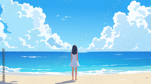 Fototapeta 入道雲が浮かぶ夏の海辺に立つ女性の後ろ姿