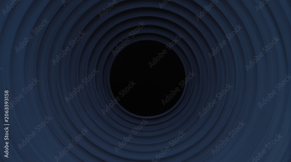 Fototapeta premium Concentric blue circles recede into dark void. Abstract 3d tunnel pattern gives impression of movement, depth, and digital tech. Use for backgrounds.