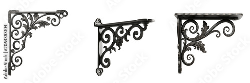 Obraz na płótnie Set of vintage black wrought iron decorative shelf bracket or architectural corner brace with ornate scrollwork details isolated on a clean white background graphic