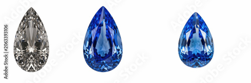 Quadro em tela Set of luxurious faceted blue sapphire gemstone in a teardrop cut, shining blue diamond crystal jewel element isolated on white background for custom jewelry designs