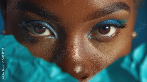 Young black woman with beautiful bright brown eyes with shining blue shadows, beige lipstick and expressive eyebrows, pitted look of colored paper, fashion, beauty, make-up, cosmetics, salon style
