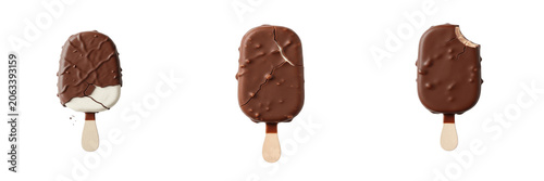 Set of chocolate covered ice cream bar or popsicle on a traditional wooden stick with a realistic frozen outer coating isolated on a white background for dessert menu.