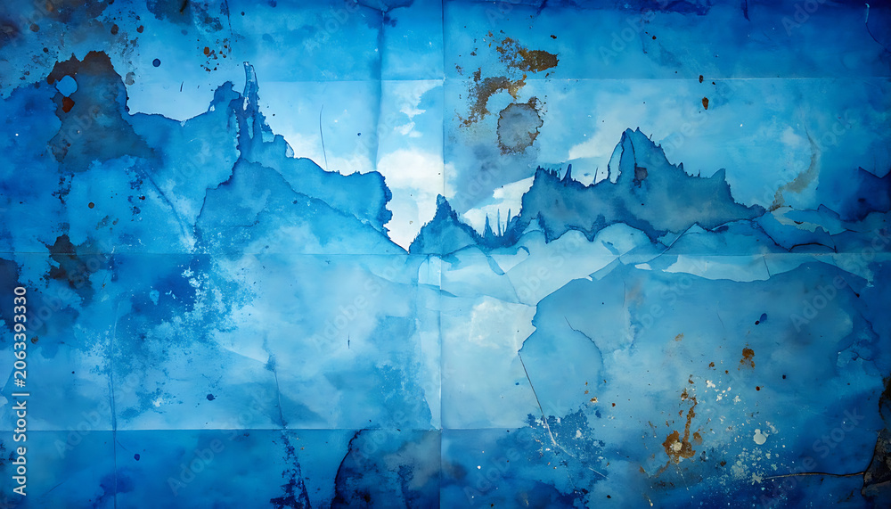Fototapeta premium Abstract blue watercolor wash background with stained paper texture and paint splatters
