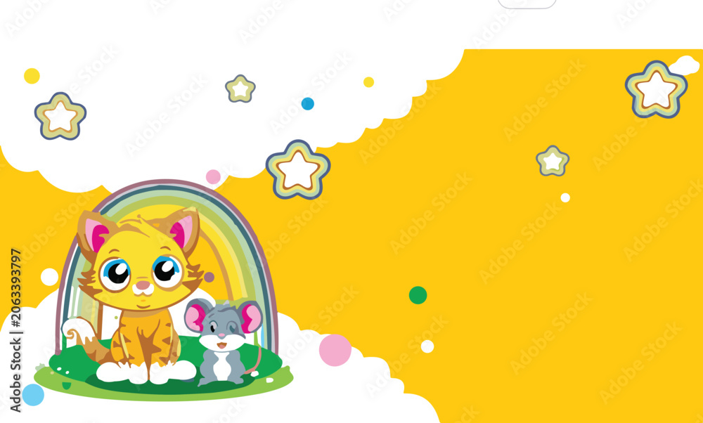 Fototapeta premium Cute Cartoon Cat And Mouse With Rainbow On Yellow Frame Vector Illustration For Kids Designs