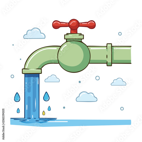 Flat design water faucet with droplets and sink