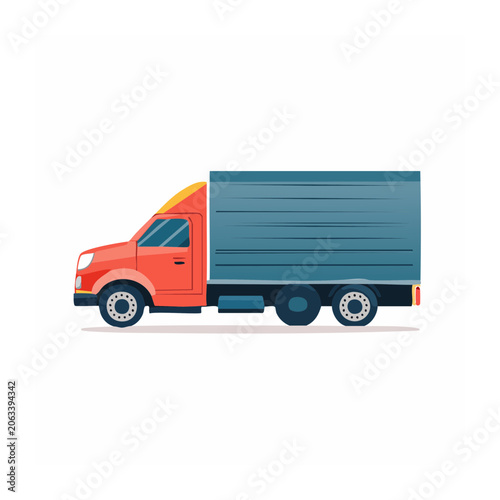 Red and blue delivery truck side view