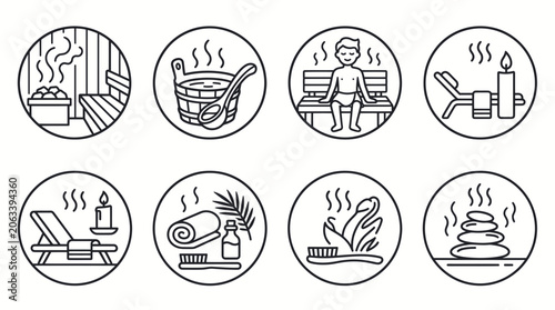 Tablou pe pânză Sauna and Spa Icons: Relaxation, Wellness, and Self-Care Line Art Collection