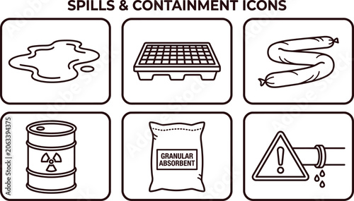 Tableau sur toile Collection of spills and containment icons depicting hazardous materials absorbe