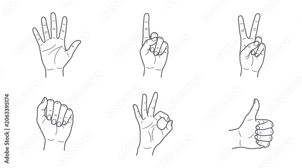 Fototapeta premium Set of Hand Gestures Line Art Icons: Counting, OK, Thumbs Up, Fist