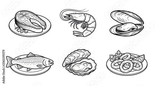 Seafood Collection: Fish, Shrimp, Oysters, Mussels, Calamari - Line Art