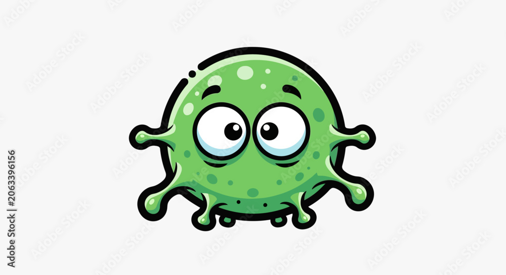 Fototapeta premium A cartoon green microbe with big eyes looks around curiously on a white background illustration whisks anyp12 via RJ Whisk Auto
