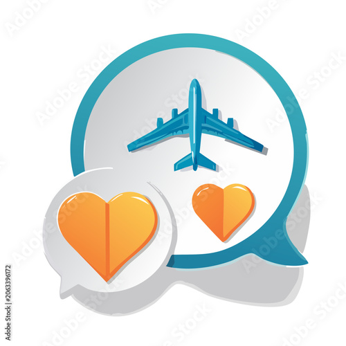 Airplane and Hearts in Flat Design Illustration