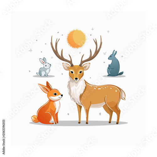 Cute cartoon deer with rabbits and sun illustration