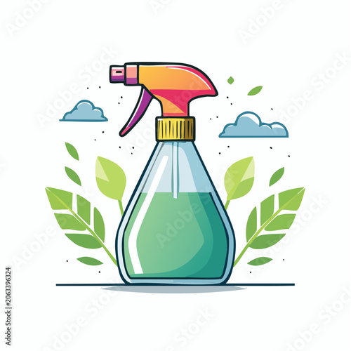 Eco-friendly cleaning spray bottle with leaves and clouds