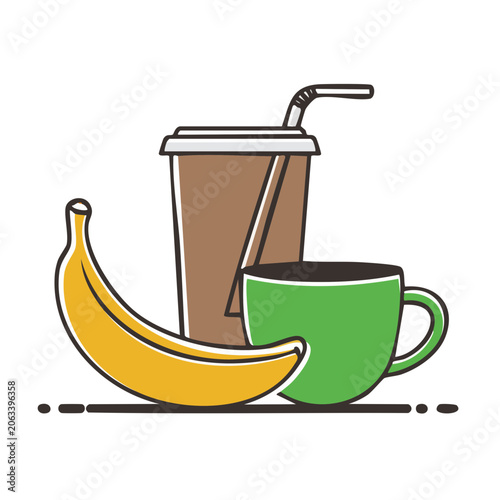 Flat design illustration of banana and coffee cup