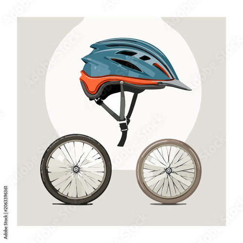 Flat design illustration of bicycle helmet and wheels