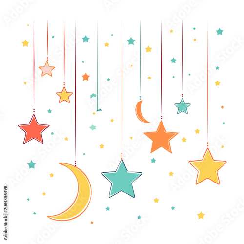 Flat design stars and crescent moon in space