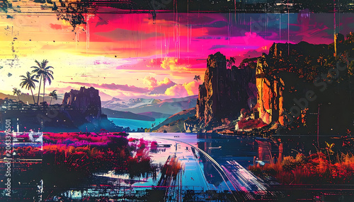 pixelated sunset over a tropical mountain landscape, vibrant pink orange and purple sky over water, retro digital style
