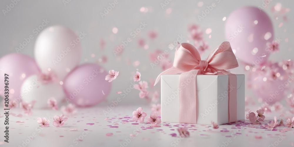 Fototapeta premium Festive pastel pink composition featuring a gift box, holographic confetti, and balloons, ideal for birthday and party themes.