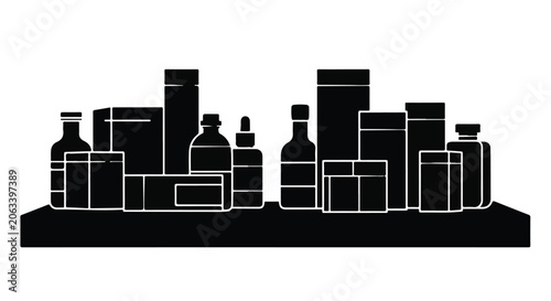 black silhouette city skyline with buildings and bottles