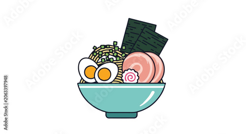 Delicious ramen bowl with eggs and meat