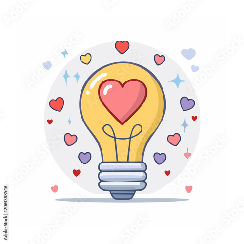 Yellow lightbulb with heart and sparkles icon