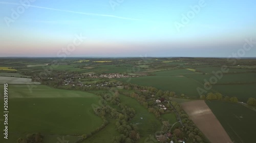 Sunset of Fields and Farms over Horsebridge nad Stockbridge from a drone, Hampshire, England