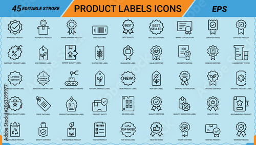 Bild auf Leinwand Product labels certification line art icons set, Quality certified, Organic cert