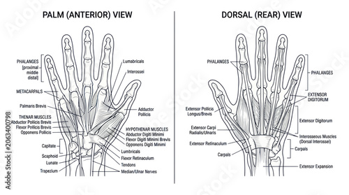 Obraz na płótnie Anatomy of the Human Hand: Anterior and Dorsal Views