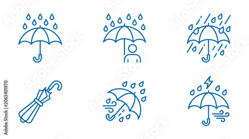 Konstfotografi Umbrella Weather Icons Set: Rain, Storm, Wind, Lightning, Protection