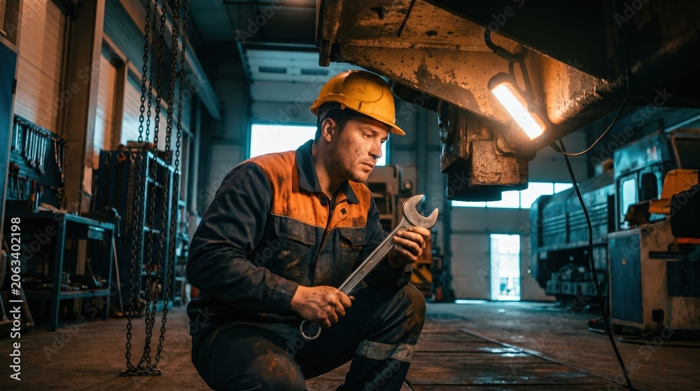 Obraz premium Industrial mechanic in hard hat repairing heavy machinery with wrench in workshop for professional maintenance and repair service