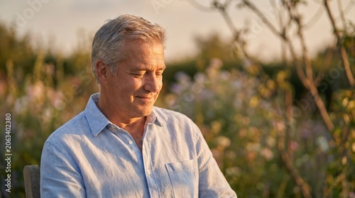 Senior Man Relaxing in Garden at Golden Hour with Peaceful Expression for Retirement Living and Mental Wellness Advertising