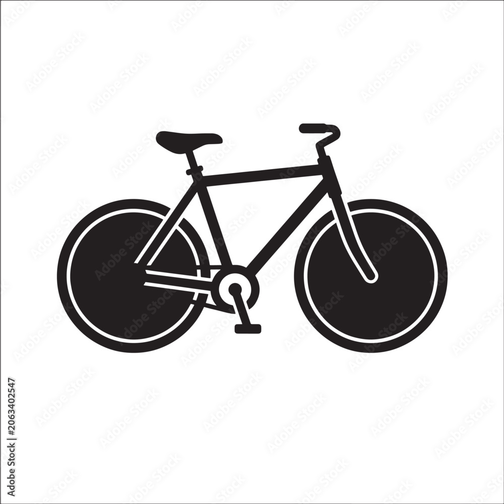 Obraz premium Black bicycle in simple line style with white outline on plain white background for transportation or sports on transparent background